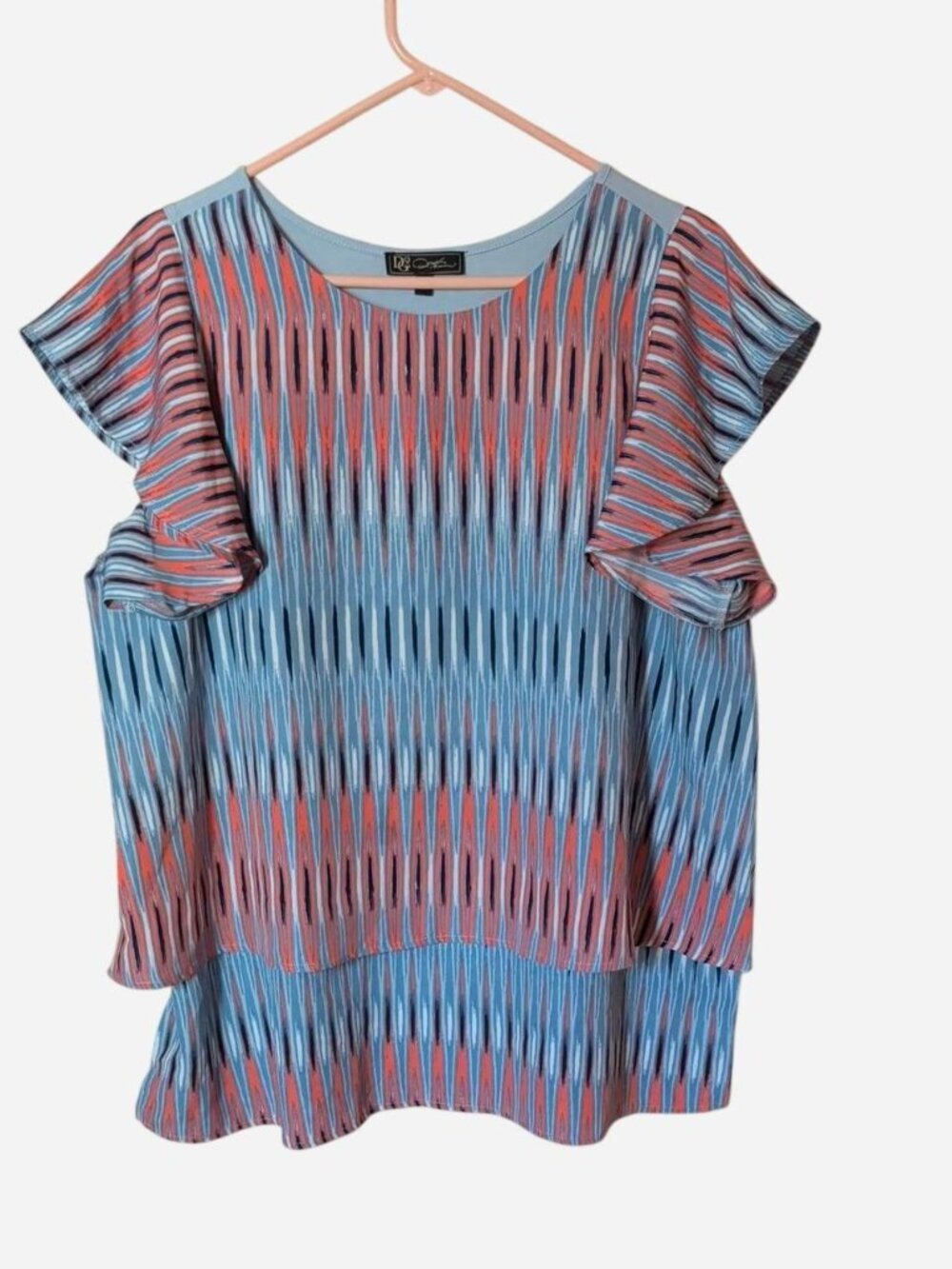 DG2 by Diane Gilman Blue & Coral Geometric Ruffle Sleeve Top Size XL